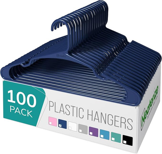 NEATERIZE Clothes Hangers Plastic 100 Pack for Adults - Plastic Hangers, The Perfect Coat Hanger and Space Saving Clothes Hangers for Closet - Navy Blue Hangers by Neaterize