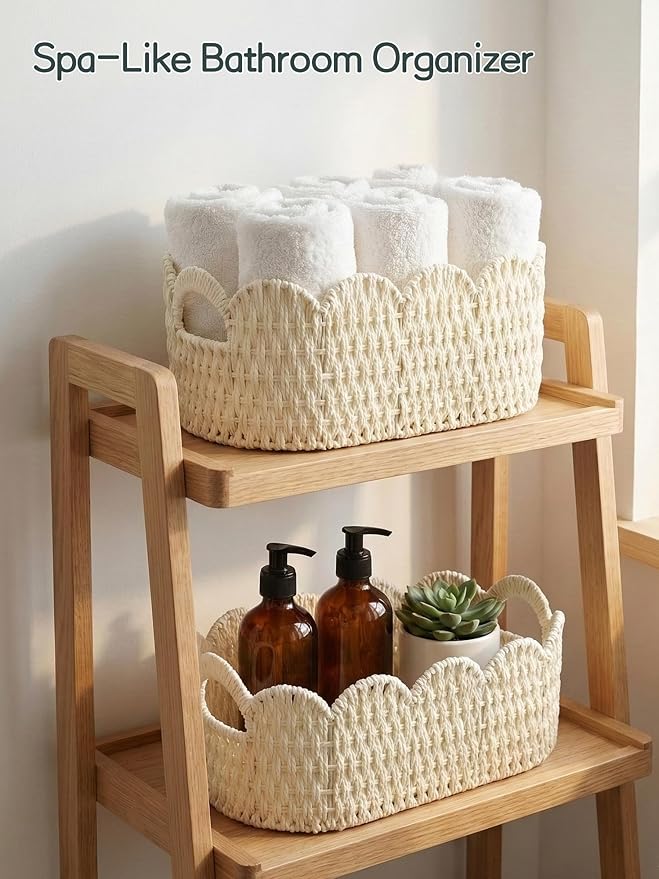 Coeusy Paper Rope Scalloped Basket Set of 2,Hand-woven Storage Baskets for Shelves,Nursery,Books,Toys,Cute Boho Decor Baskets for Organizing,White - Image 2