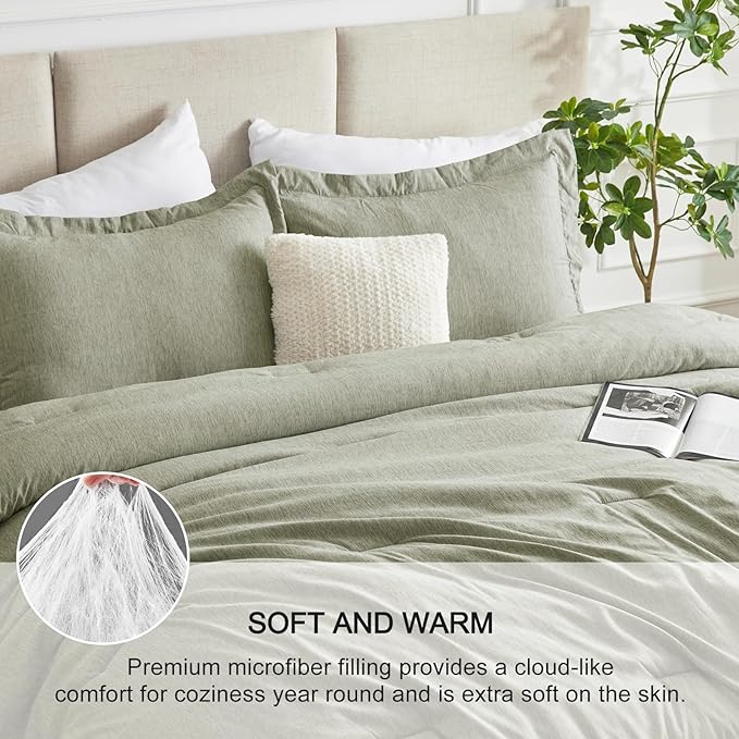 CozyLux Queen Size Comforter Set - 3 Pieces Olive Green Soft Luxury Cationic Dyeing Bedding Comforter for All Season, Breathable Lightweight Fluffy Boho Bed Sets with 1 Comforter and 2 Pillow Shams