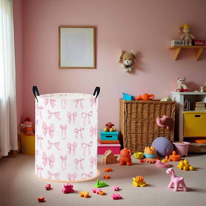 Baby Laundry Basket Baby Nursery Hamper Kids Laundry Basket Toy Storage Bin for Boys Room Decor Gift Baskets for Bedroom Bathroom(Pink Bowknot) - Image 3