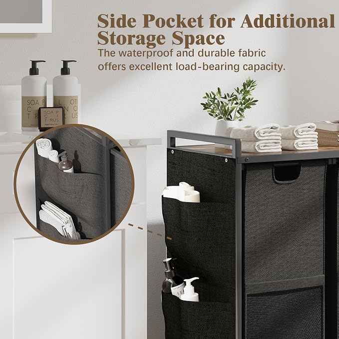 Huhote Laundry Hamper, Laundry Basket, Laundry Sorter with Top Shelf & 3 Removable Washable Bags & Side Pockets for Laundry Room organization, Bathroom and Dorm, Rustic Brown and Black - Image 6