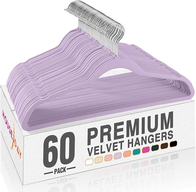 HOUSE DAY Lt-Purple Velvet Hangers 60 Pack, Non Slip Clothes Felt Hanger Heavy Duty for Coat, Premium Slim Space Saving Suit Hangers for Closet Organizer, 360° Rotating Silver Hook by HOUSEDAY