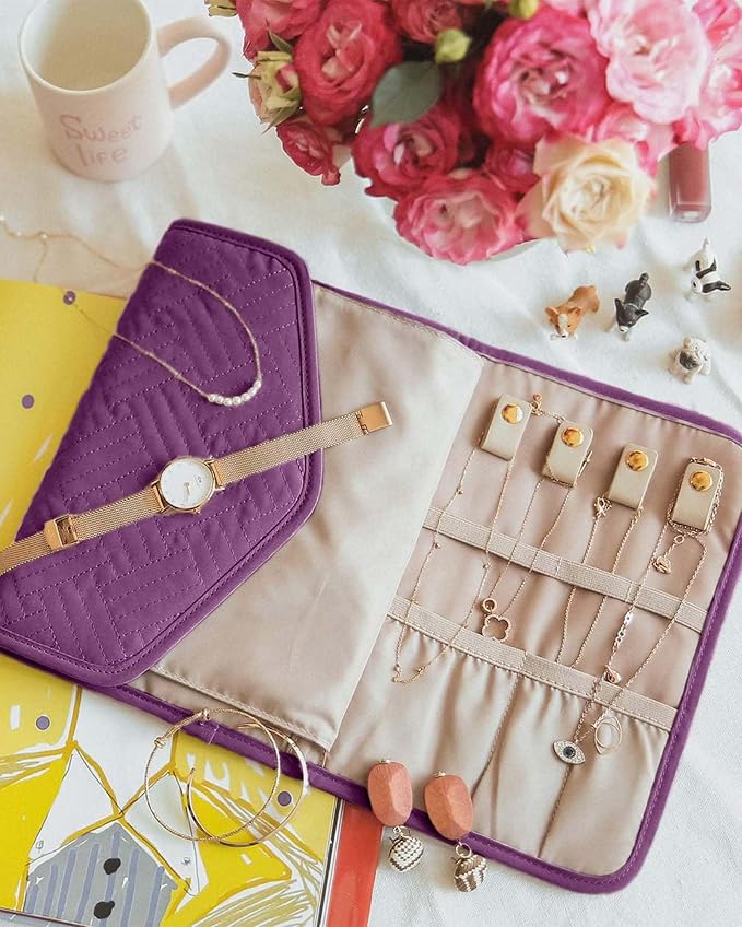 BAGSMART Travel Jewelry Organizer Roll Foldable Jewelry Case for Journey-Rings, Necklaces, Bracelets, Earrings,Purple - Image 3