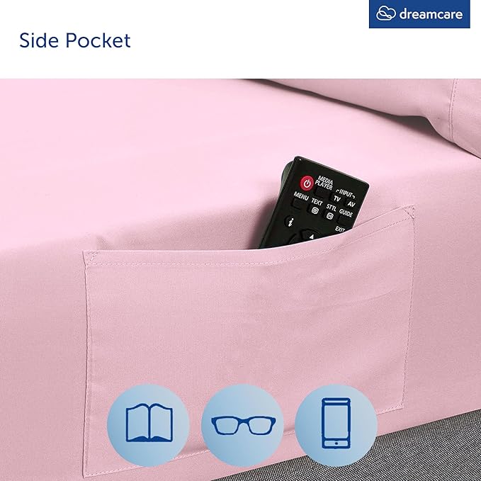 DREAMCARE Queen Sheet Set – 4 pcs Cooling Sheets – up to 21” Deep Pocket Queen Sheets – Hotel Luxury Sheets & Pillowcases – Superior Softness 100% Fine Microfiber with Side Pocket, Pink
