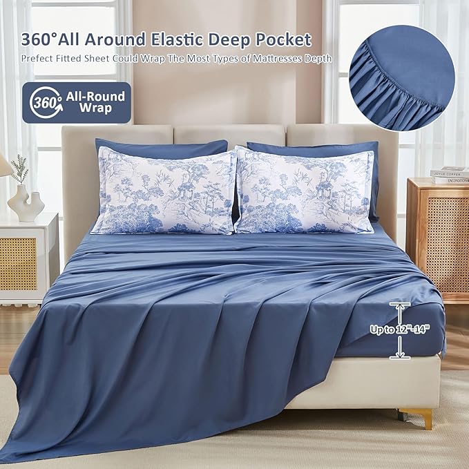 DJY Blue Comforter Set California King Size,7 Pieces Bed in a Bag Botanical Comforters with Sheets Elegant Plants Print Soft Microfiber Reversible Complete Bedding Sets for All Season