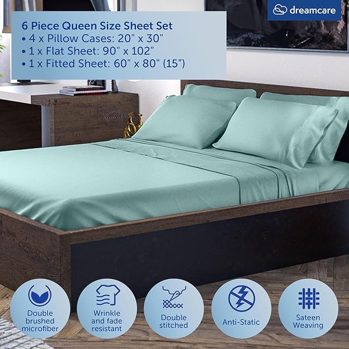 DREAMCARE Queen Sheet Set - 6 pcs Breathable Cooling Bed Sheets - up to 15" Deep Pocket Queen Sheets Set with Side Pockets - Extra Soft 100% Brushed Hypoallergenic Hotel Luxury Bedding - Spa Blue