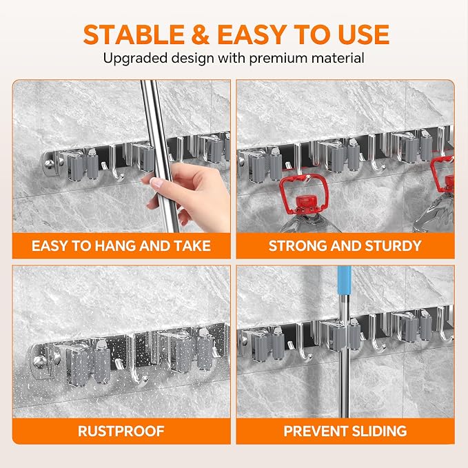 5 Grippers Broom Holder Wall Mount with 4 Hooks Stainless Steel Mop and Broom Organizer Self Adhesive or Screw Fixing for Garden Tool Rack Closet Laundry Room Kitchen Garage Storage Utility Hook - Image 4