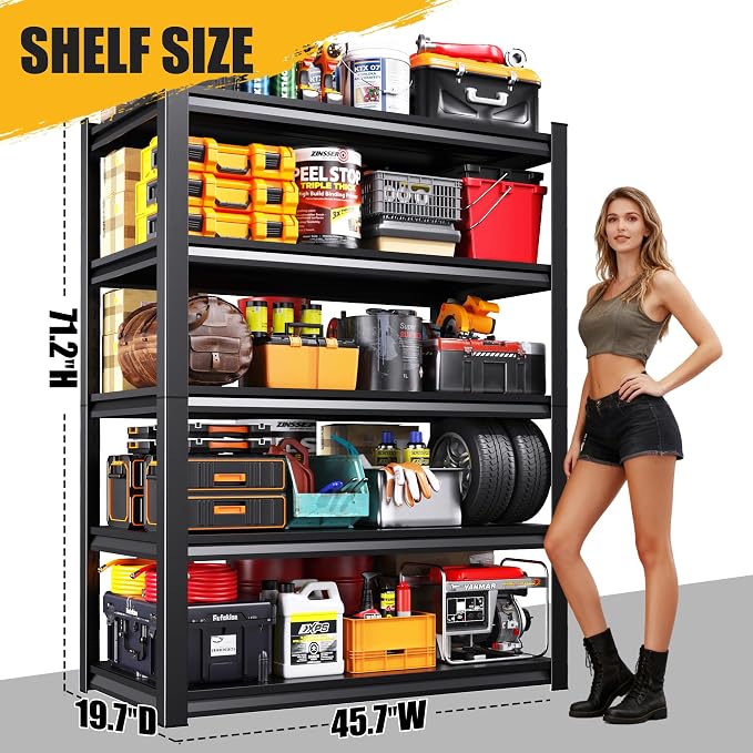 71.2"H-45.7"W Garage Shelving 5T Heavy Duty Storage Shelves, Adjustable Metal Shelving Unit, Utility Garage Organizer Shelf for Basement, Pantry, Warehouse, Supermarket, 45.7"Wx19.7"Dx71.2"H - Image 3