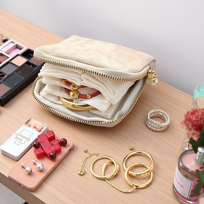Small Travel Jewelry Case - Jewelry Travel Organizer Bag with Tassel Zipper for Bracelets, Necklaces, Bangles, Jewelry Organizer Storage Bag Gift for Women Girls - LJB002-Beige - Image 7