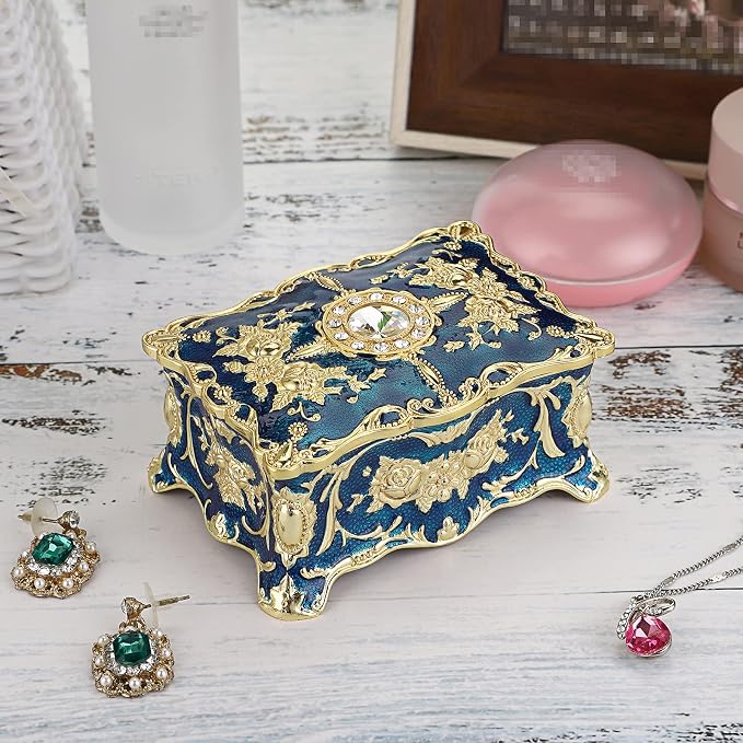 Hipiwe Vintage Jewelry Box, Small Enameled Trinket Box Organizer Rectangular Treasure Chest Box Jewelry Decorative box Keepsake Gift Box Case for Women,3.7x 2.7x 2 inch - Image 2