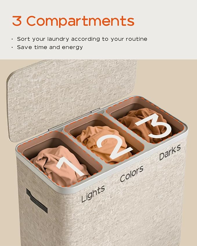 CASAMAYA Laundry Basket with Lid, Laundry Hamper 3 Section, 190L collapsible Laundry Organizer, Easy Assembly, with Handles and Removable Liners, 25.2 x 15.7 x 29.5 Inches, Beige JSP904M - Image 5
