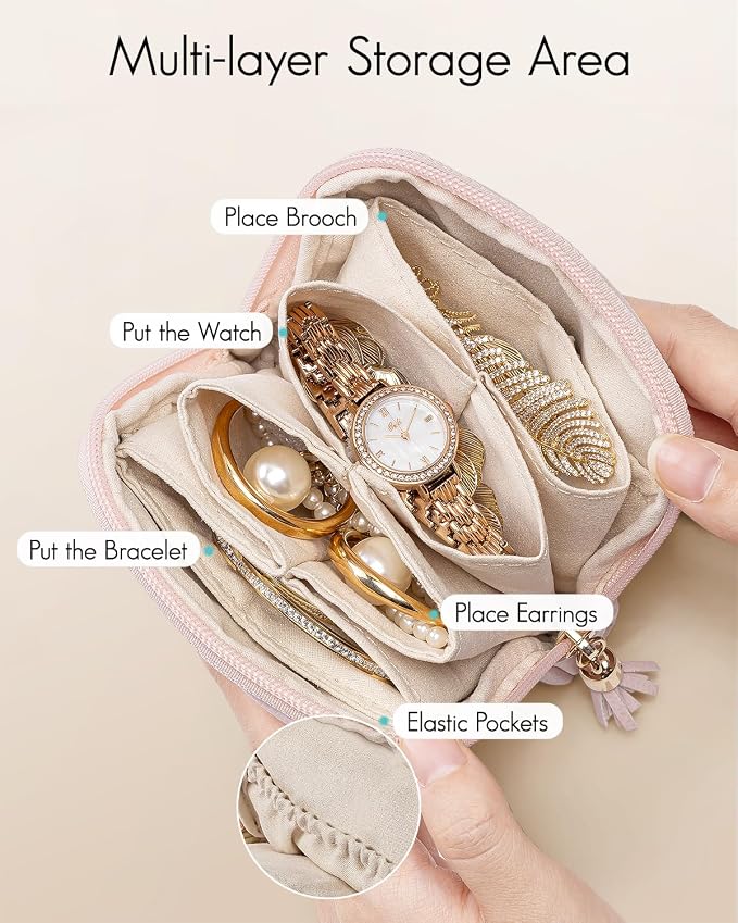 VLANDO Small Jewelry Travel Case,Jewelry Pouch Bags with Zipper,Velvet Jewelry Organizer Storage Bag for Bracelet Rings Earring Travel Essentials Gifts for Women Girl-Pearl Pink - Image 2
