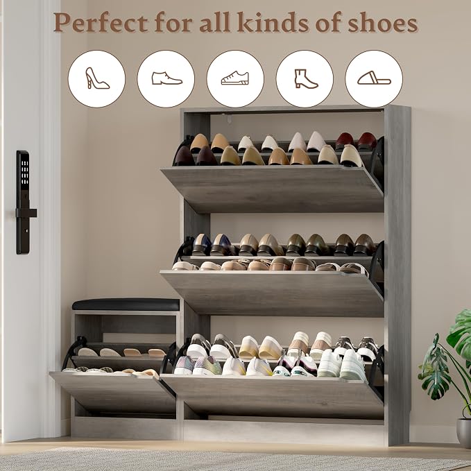 BORNOON Shoe Cabinet with Bench and 3 Flip Drawers, Slim Narrow Shoe Storage Cabinet, Freestanding Shoe Rack Organizer with Adjustable & Removable Shelves, Anti-Tip for Entryway, Hallway, Foyer - Image 4