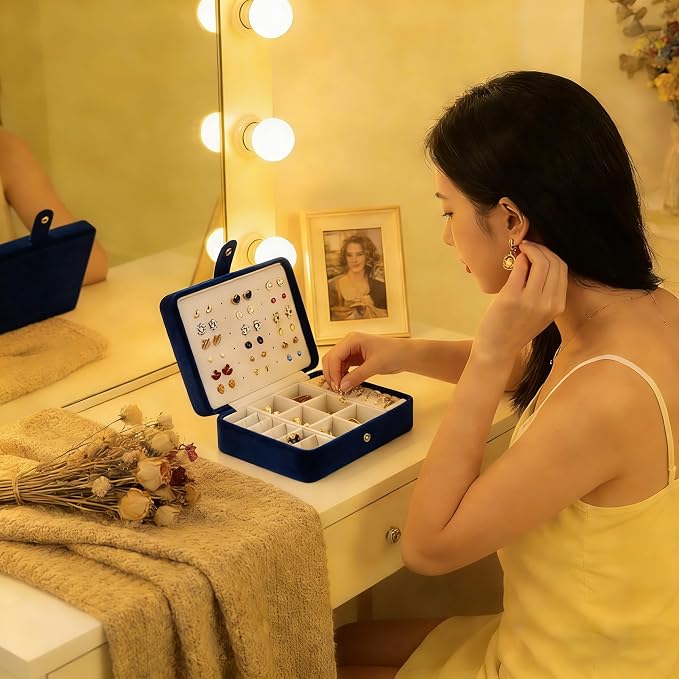 QBestry All-in-One Travel Jewelry Organizer for Women Navy | Small Jewelry Box with 68 Earring Holes | Compact Portable Jewelry Case for Earrings, Rings, Necklaces | Perfect Gifts for Mom Wife Girls - Image 7