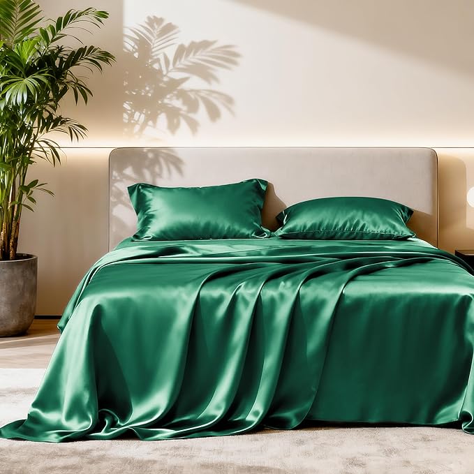 Love's cabin Satin King Sheet Sets - 4 Piece Dark Green Silky Sheets King Size Bed with Deep Pocket, Luxury Silk Feel King Size Satin Sheet Set (1 Flat Sheet,1 Fitted Sheet,2 Pillow Cases)