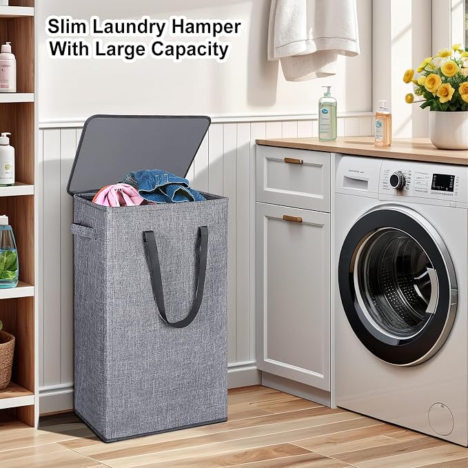 Odonata 75L Slim Laundry Hamper with Lid,Large Foldable Laundry Basket with Removable Bag and Handles Tall Collapsible Dirty Clothes Basket Great for Bedroom, Bathroom, Dorm, College,RV. (Grey, 75L) - Image 4