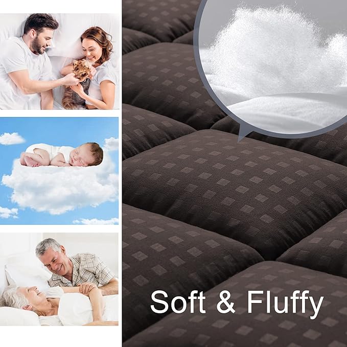 HYLEORY King Mattress Pad Quilted Fitted Mattress Protector Cooling Pillow Top Mattress Cover Breathable Fluffy Soft Mattress Topper with 8-21" Deep Pocket, Brown