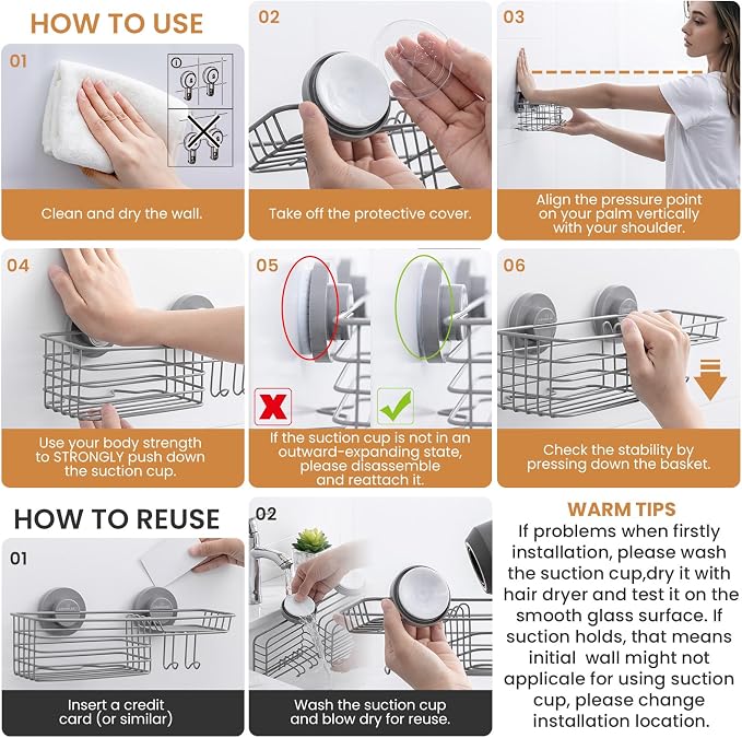 LEVERLOC Shower Caddy Suction Cup, Heavy Duty Bathroom Organizer for Inside Shower with Hooks & Soap Holder， NO-Drilling Bathroom Shower Holder-Grey - Image 7