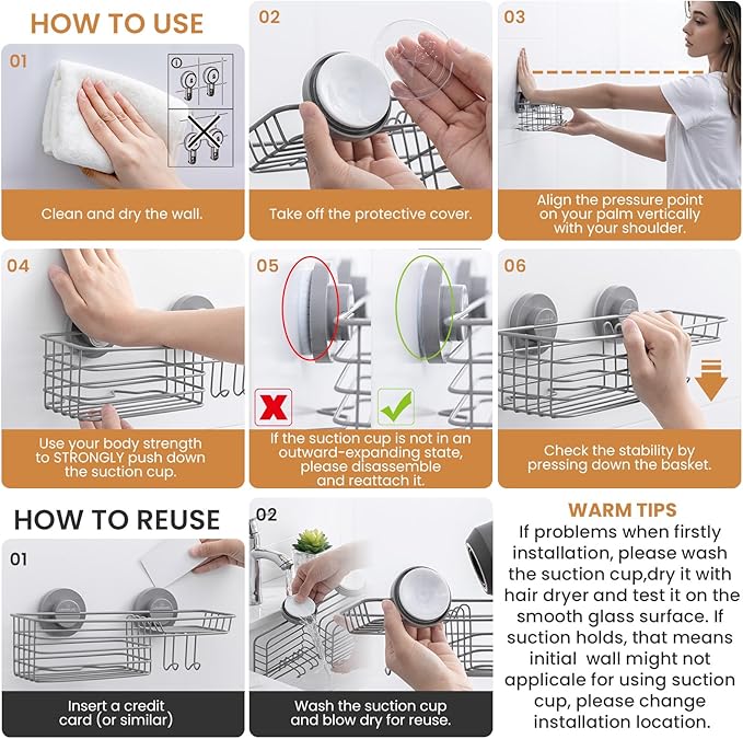 LEVERLOC Shower Caddy Suction Cup, 2 Pack Shelves for Inside with Hooks and Soap Organizer, NO-Drilling Bathroom Shelves, Rustproof Meatl Bathroom Holder, Grey - Image 7