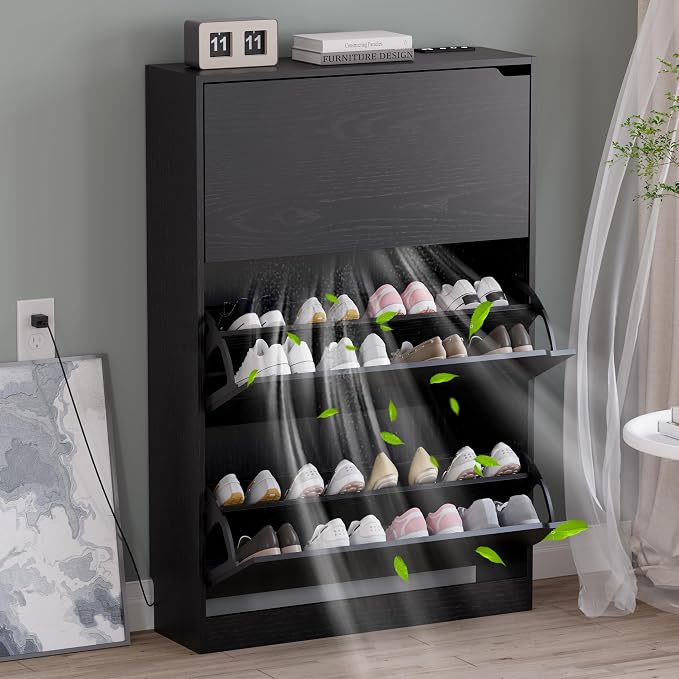 BORNOON Shoe Cabinet with Odor Control and Back Panels, Deodorizing Slim 3-Flip Shoe Storage Cabinet for Entryway, Freestanding Hidden Shoe Rack Organizer for Entrance, Hallway, Bedroom by BORNOON