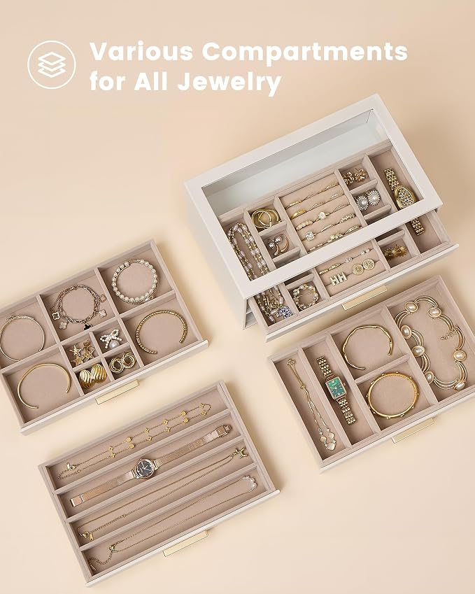 Lolalet Jewelry Box Organizer, 4-Layer Jewelry Organizers and Storage Case with Glass Lid, Ring Earring Bracelet Necklace Holder Organizer, Birthday Valentine Gifts for Women Girls -4Layer, Beige - Image 3