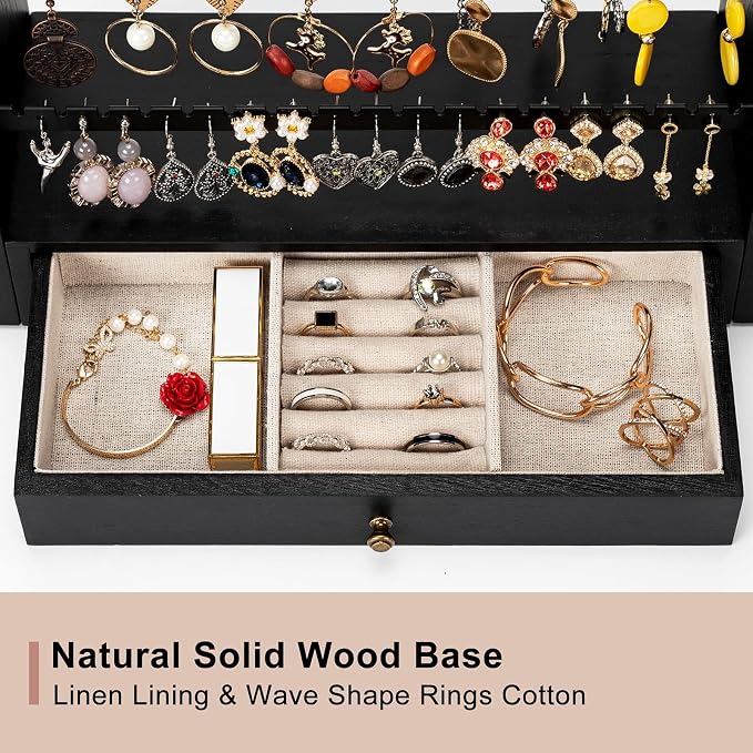 Pinzoveco Earring Organizer, 5 Layer Earring Holder Organizer with Metal Necklace Holder Pole, Rustic Wood Jewelry Organizer Stand Display for Stud Earring Bracelet Necklace Ring, 175 Earring Holes - Image 4