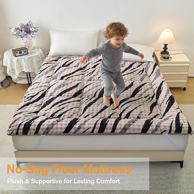 Twin Mattress Pad 39 x 75 inches, Warm Thicken Velvet Mattress Topper Twin Protector with 4 Elastic Band, Suitable for Mattresses up to 15 inches Thick Washable, Brown Leopard