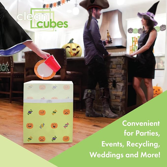 Clean Cubes 13 Gallon Disposable Pop-Up Trash Cans (3-Pack) with Fitted Bags – Foldable Garbage & Recycling Bins for Parties, Events & Kitchen (Halloween, 17" H x 13.5" W x 10" D) - Image 2