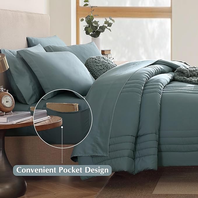 Monbix Super King Plus Size Comforter Set - 7 Pieces Blue Green Bed in a Bag Super King Plus Bedding Sets with Comforters, All Seasons Comforter Bed Set with Sheets,Pillowcases & Shams