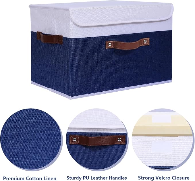 ANMINY 4PCS Storage Boxes with Lid Washable Decorative Storage Bin Basket with PU Leather Handle Foldable Linen Fabric Storage Cube Container for Home Closet Organizer - Deep Blue White, Large Size - Image 4