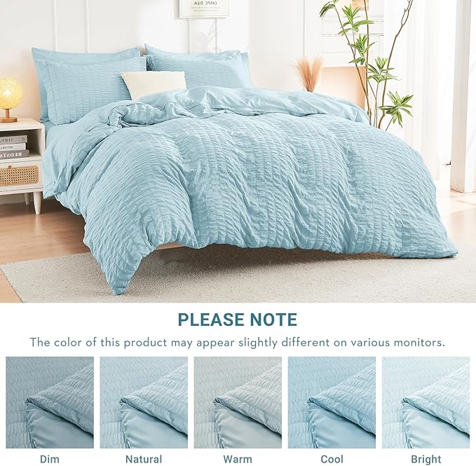 HYMOKEGE Lake Blue Queen Comforter Set Seersucker 7 Pieces, All Season Luxury Bed in a Bag for Bedroom, Bedding Set with Comforters, Sheets, Pillowcases & Shams