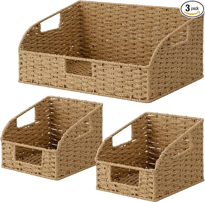 StorageWorks Paper Rope Pantry Storage Baskets, Wicker Baskets with Built-in Handles, Handwoven Shelf Baskets for Organizing, Pantry Organizers and Storage, Natural, 3 Pack by StorageWorks