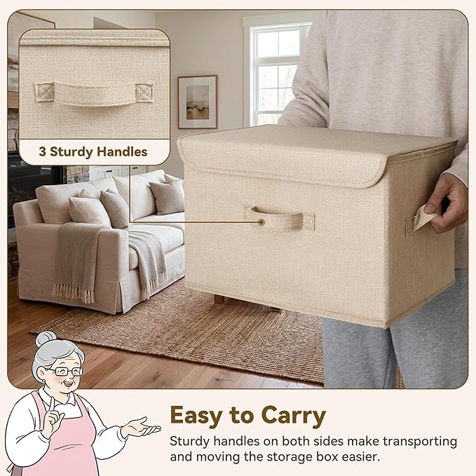 GRANNY SAYS Stoarge Basket with Lid, Decorative Storage Boxes, Closet Storage Bins for Clothes, Collapsible Stackable Organization, Ivory White&Khaki, 2-Pack - Image 5
