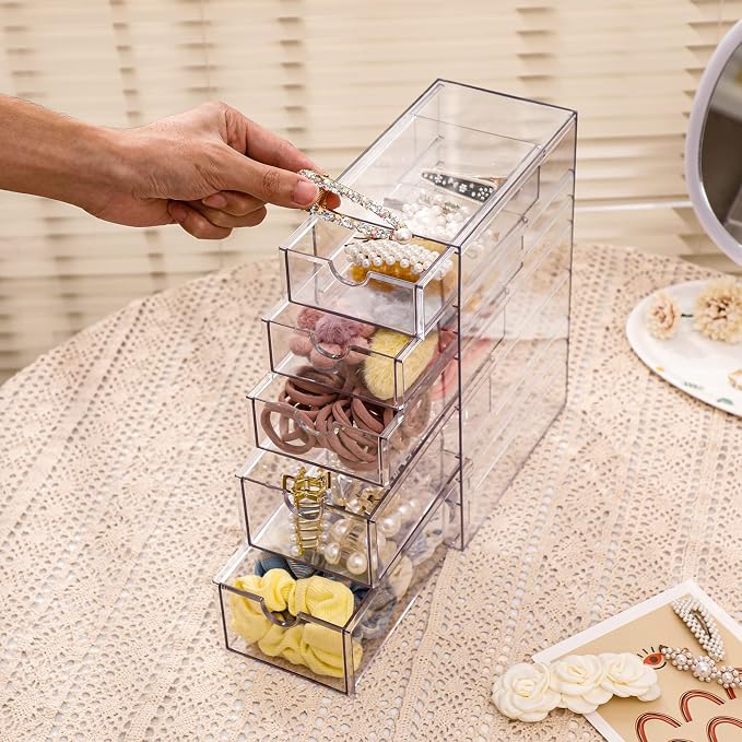 FABROK Clear Hair Accessory Organizer Box with 5 Drawers, Compact Storage Organization Drawers Set for Cosmetics, Glasses, Stationery, Stackable Storage Containers Box for Bathroom, Closet, Office - Image 4