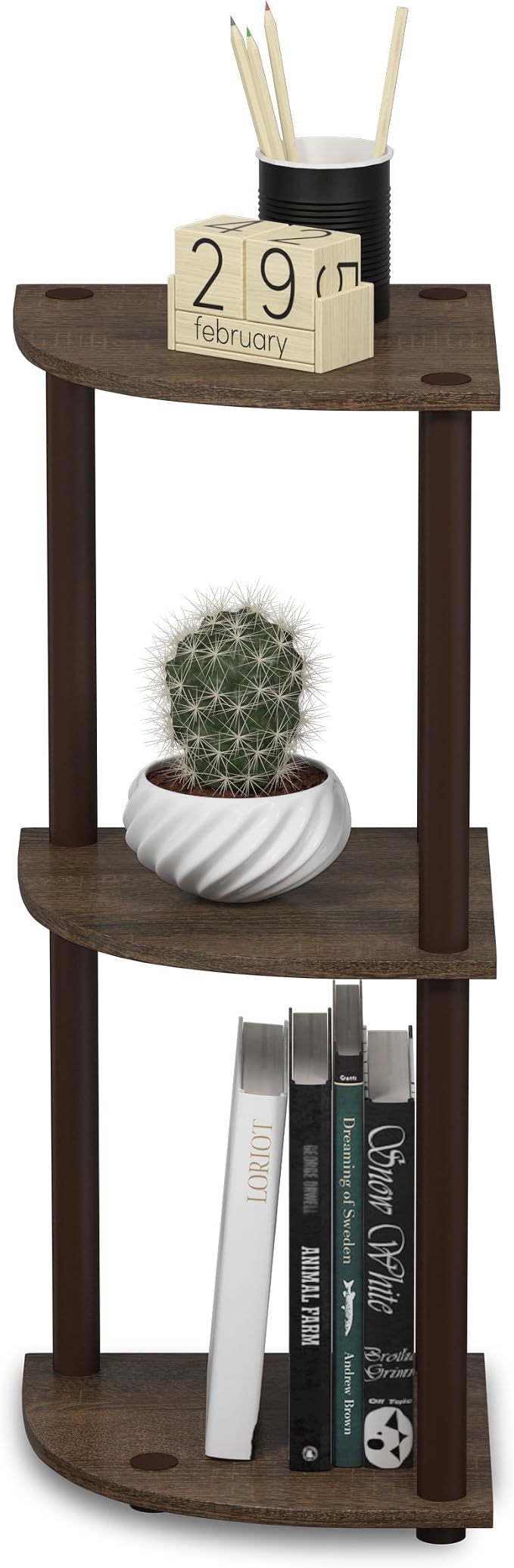 Furinno TURN-N-TUBE Corner Shelf, 3-Tier Corner Bookshelf, Display Storage Shelves with Open Shelves, for Organization and Storage, Living Room, Home Office, Garage, Walnut - Image 6