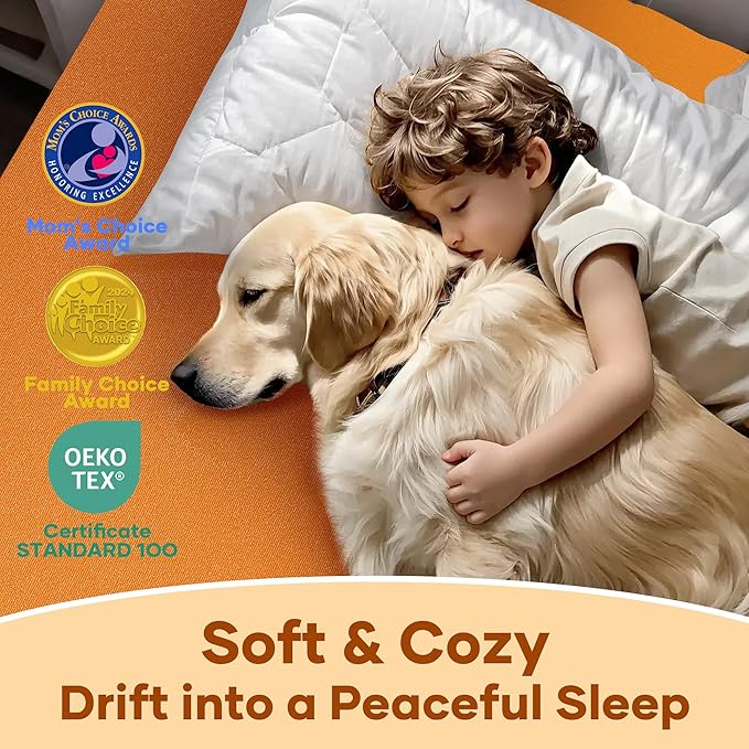 OhGeni 100% Waterproof Mattress Protector, Queen Size Orange, Fitted Sheet with Deep Pockets, 6''-18'', Premium Noiseless Breathable Soft Material, Mattresses Cover for Bed