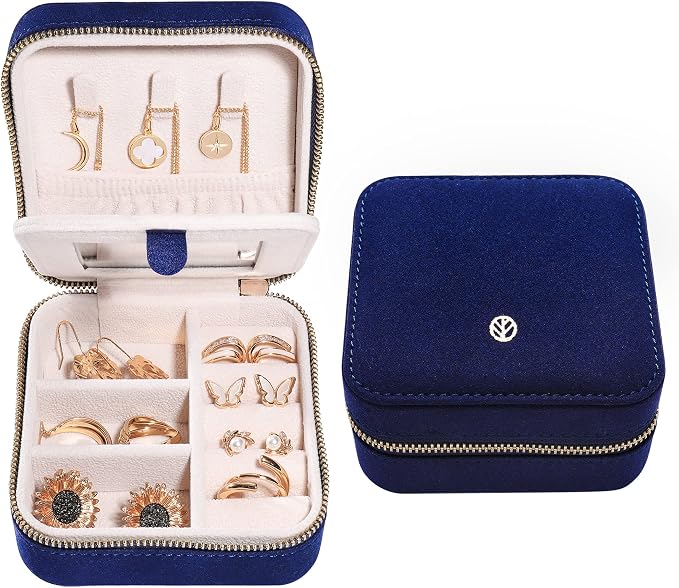 S.Leaf Travel Jewelry Organizer Boxes for Women Small Portable Necklace Earrings Bracelet Rings Travel Case Best Friend Birthday Gifts for Women Trendy (06_Suede_Touch_Navy) by SLeaf