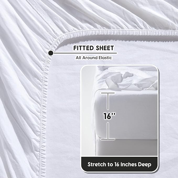 SONORO KATE 100% French Pure Linen Sheets, Breathable and Durable Linen King Size Sheets, Anti-Tear Linen Bed Sheets, Machine Washable, 16 Inch Deep Pocket - 4 Piece (White, King)