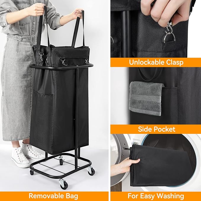 WOWLIVE 100L Rolling Laundry Hamper with Wheels Large Laundry Basket Organizer Laundry Cart with Steel Frame and Removable Bag Foldable Tall Dirty Clothes Hamper Dorm Room Storage for Bedroom (Black) - Image 5