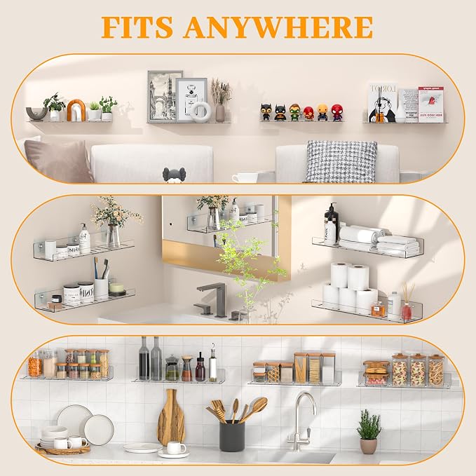 LAZYROSY 10 Pack Floating Shelves - Clear Acrylic/PET Wall Mounted Non-Drilling Storage Rack with Adhesive, Invisible Bathroom and Bedroom Shelves for Kitchen, Living Room, Clear Decoration - Image 5