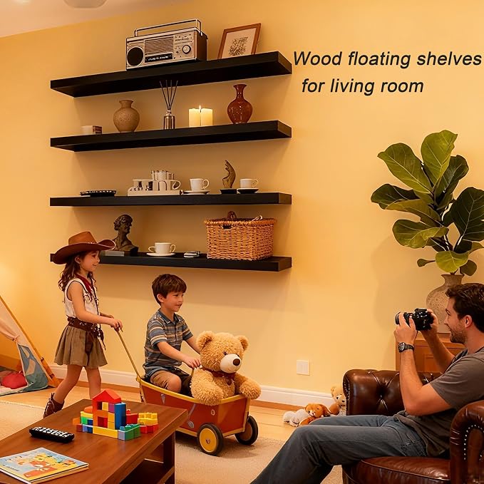 ROGMARS Black Floating Shelves for Wall 36 inch,Rustic Solid Wood Farmhouse Wooden Floating Wall Shelves with Invisible Brackets for Bedroom,Living Room, Kitchen, Bathroom,Set of 4 - Image 2