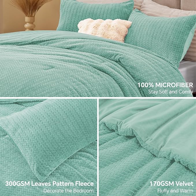 Flannel Fleece Comforter King Set - Furry Eggshell Blue Leaves Pattern Faux Fur Bed Set, Winter Ultra Soft Fuzzy Comfort Set, Velvet Bedding Set for Bed with 2 Pillow Cases