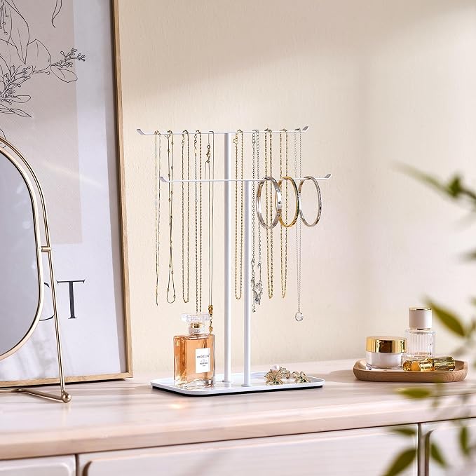 pickpiff Necklace Holder Jewelry Organizer Stand – 2‑Tier T‑Bar Jewelry Display Tree with Tray for Countertop Necklace Bracelet Earring Storage, Vanity Dresser Bathroom Sink, White - Image 2