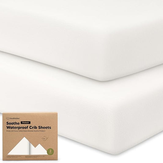 2-Pack Waterproof Crib Sheets for Boys, Girls - 52x28 Fitted Organic Cotton Baby Crib Sheets, Toddler Mattress Protector Cover, Washable, Soft & Durable Baby Bedding Essentials (Soft White)