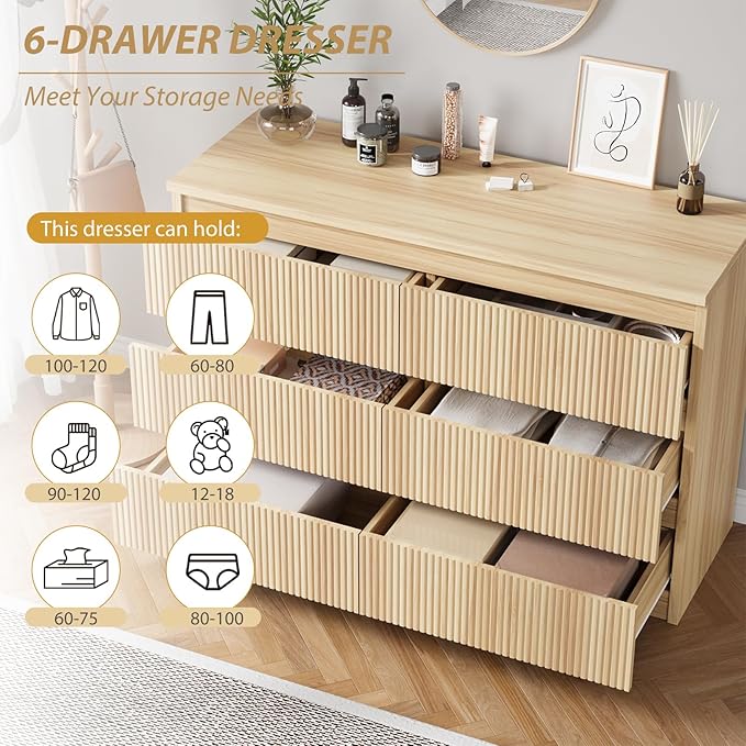 Jocoevol Oak 6 Drawer Dresser for Bedroom, Modern Fluted Dresser, Bedroom Dressers with Drawers, Large Double Wooden Chest of Drawers for Living Room, Hallway