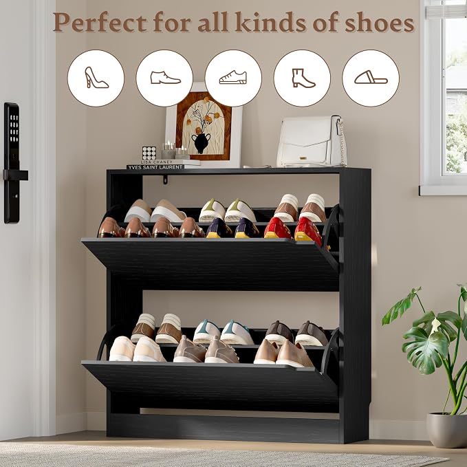 BORNOON Shoe Cabinet with 2 Flip Drawers, Slim Narrow Shoe Storage Cabinet, Freestanding Shoe Organizer with Adjustable & Removable Shelves, Top Display Shelf for Entryway, Hallway, Foyer, Closet - Image 4