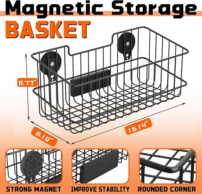ULIBERMAGNET Magnetic Baskets, Large Capacity Metal Wire Mesh Basket Holder Organizer for Sundry Tool Storage, Magnetic Shelf for Garage, Laundry, Kitchen, Workshop, Cabinet(2 Pack) - Image 2