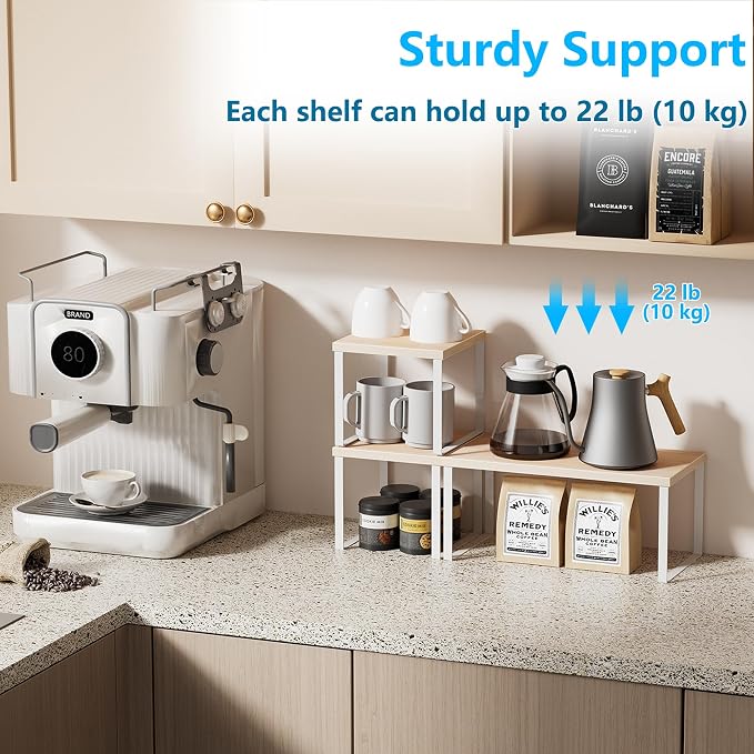 Golener Countertop Organizer Corner Shelf, 2 Tier Adjustable Stackable Corner Shelves for Kitchen, Bathroom, Spice Rack, Coffee Bar, Cabinet, Dresser Table, Corner Counter Shelf Stand, Natural Beige - Image 4