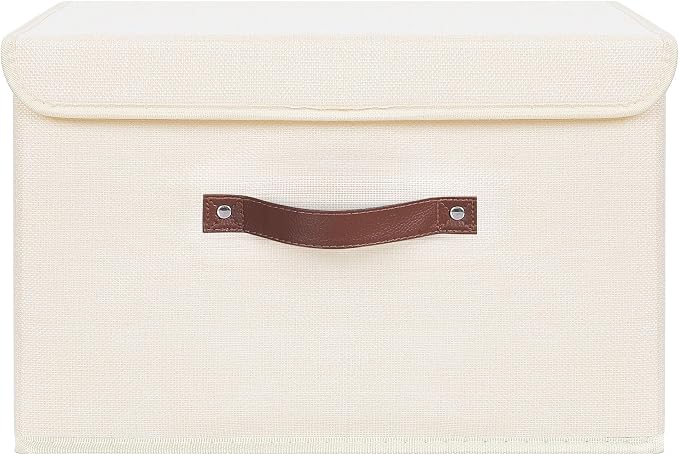 ANMINY Storage Bin with Lid Storage Boxes with PU Leather Handles PP Plastic Board Decorative Foldable Lidded Cotton Linen Fabric Home Cubes Baskets Closet Organizer Container - Beige, Large Size - Image 2