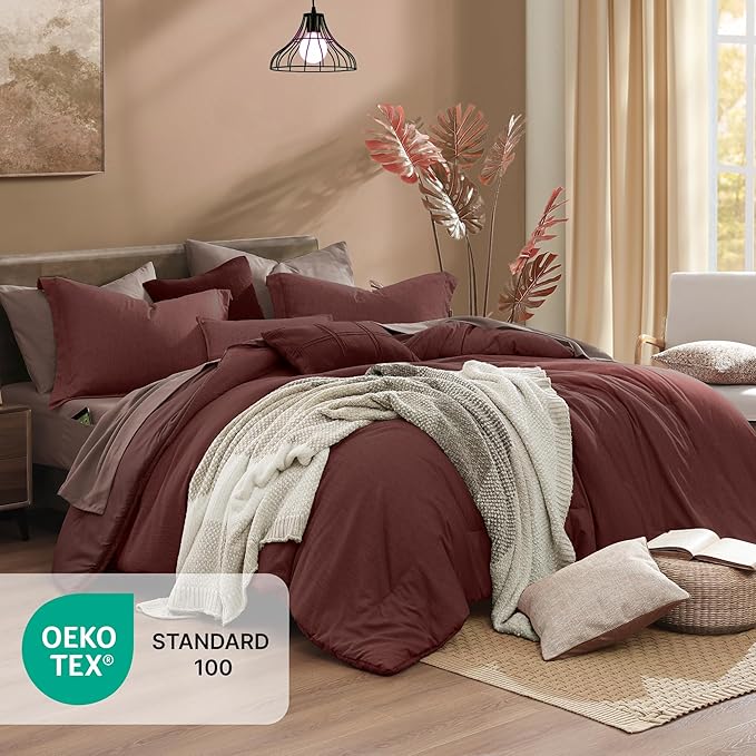 Monbix California King Comforter Set - 7 Pieces Cationic Dyeing Dark Red Bed in a Bag Cal King Bedding Sets with Comforter, Sheets, Pillowcases & Shams, Reversible Bedding Comforters Sets